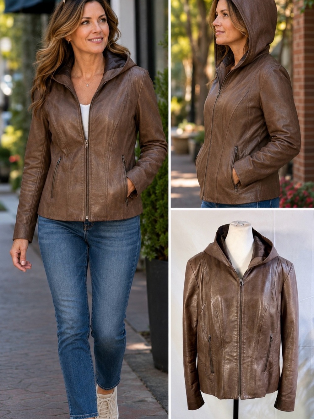 💥Danier Genuine Leather Hooded Moto Zip Up Jacket Brown Quilted Lining Sz L❤️